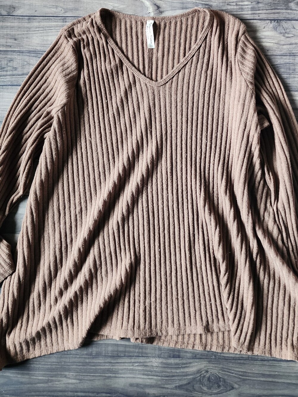 Perseption Ribbed V-Neck Sweater - Taupe Brown